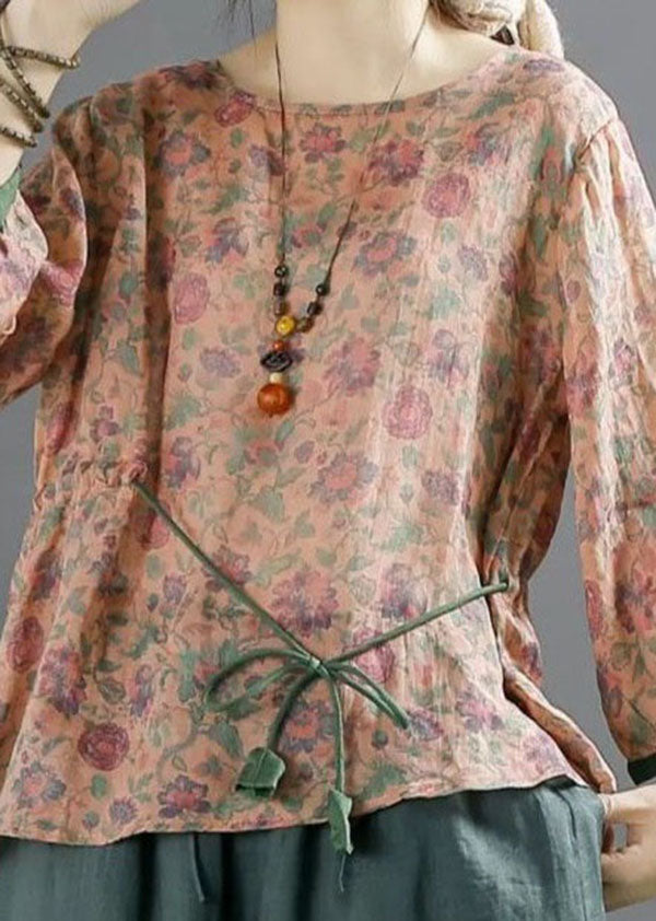Pink Print Patchwork Linen Top O Neck Lace Up Summer