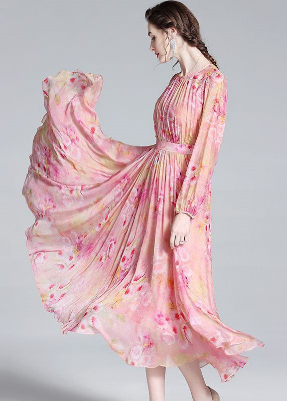 Pink Print Patchwork Silk Dresses O Neck Wrinkled Summer