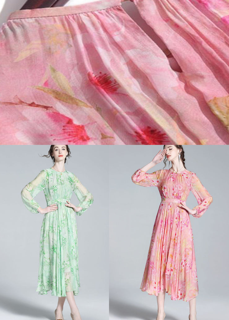 Pink Print Patchwork Silk Dresses O Neck Wrinkled Summer