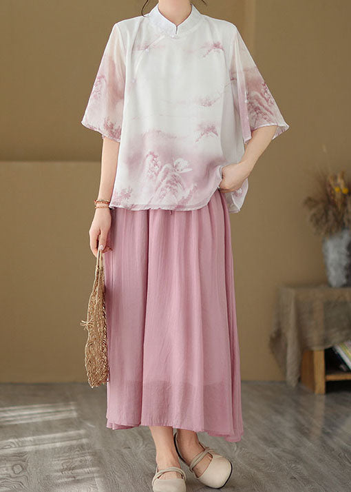 Pink Print Patchwork Silk Shirt Tops Stand Collar Button Summer