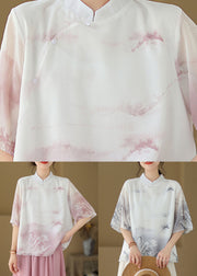 Pink Print Patchwork Silk Shirt Tops Stand Collar Button Summer