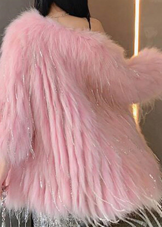 Pink Faux Fur Collar Button Leather And Fur Long Coats Winter