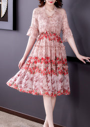 Pink Ruffled Chiffon Long Dress Short Sleeve
