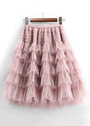 Pink Ruffled Tulle Summer Skirts Elastic Waist