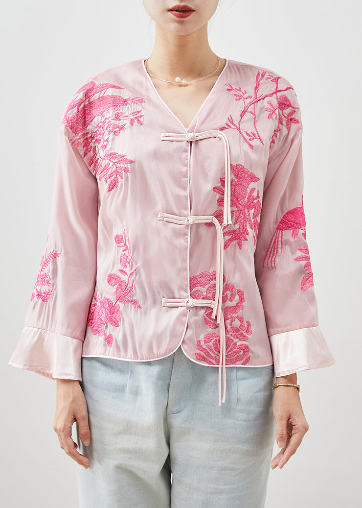 Pink Silk Blouse Tops Embroidered Tasseled Fall