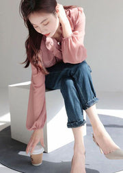 Pink Silk Shirt Top Stand Collar Cinched Spring