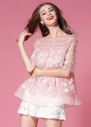 Pink Slim Fit Organza Top Embroidered Hollow Out Summer
