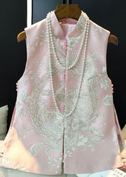 Pink Slim Fit Silk Vest Chinese Button Side Open Sleeveless