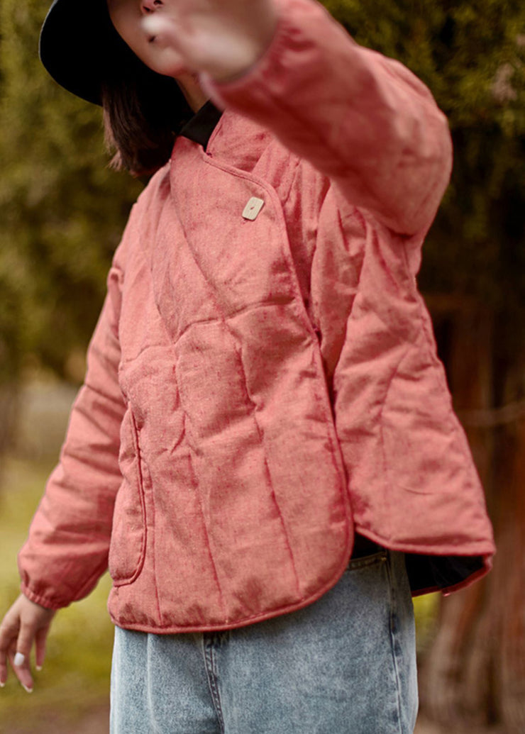 Pink Solid Pockets Cotton Filled Coats V Neck Spring