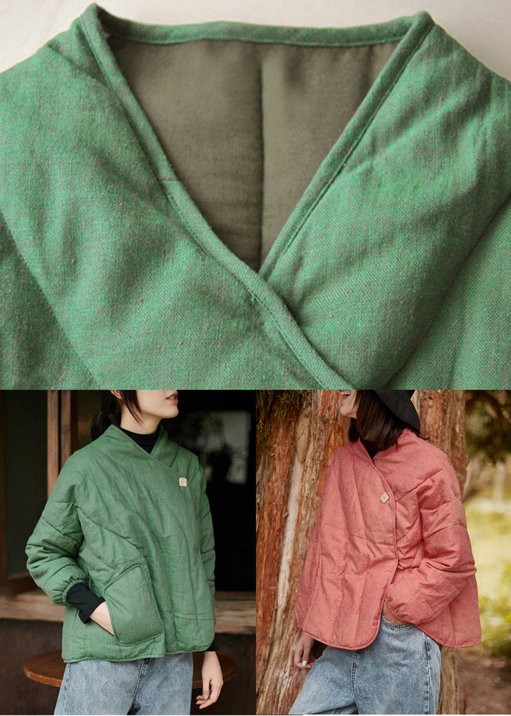 Pink Solid Pockets Cotton Filled Coats V Neck Spring