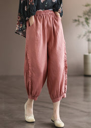 Pink Solid Pockets Linen Crop Pants Elastic Waist
