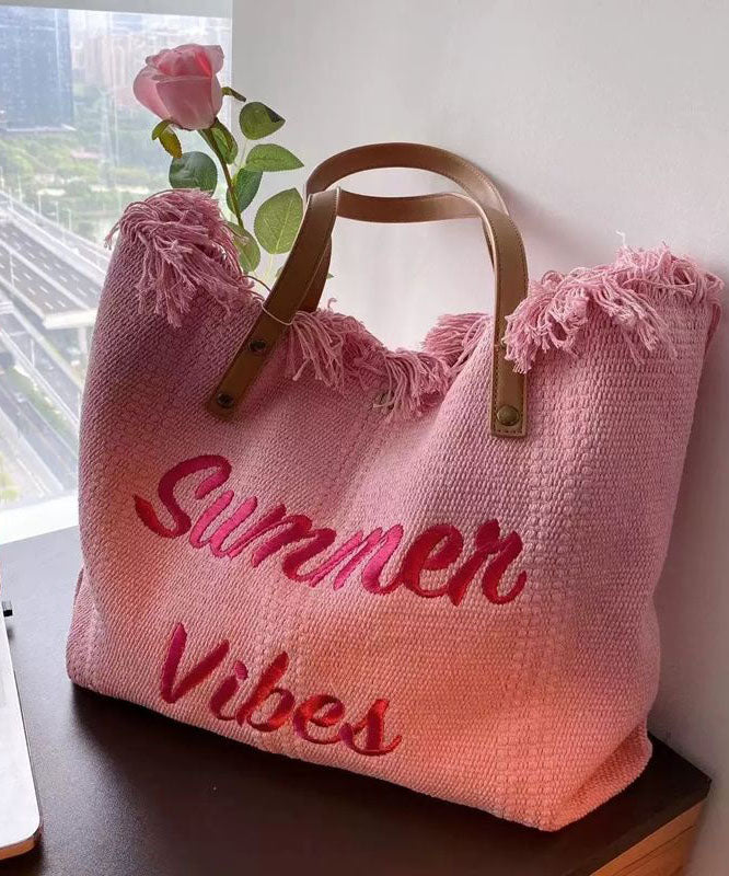 Pink Tassel Patchwork Letter Embroidery Canvas Tote Handbag