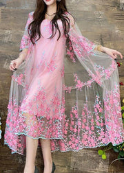 Pink Tulle Cardigans Spaghetti Strap Two Pieces Set Embroidered Summer