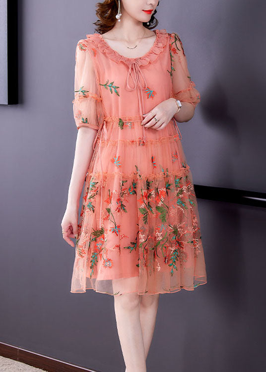 Pink Tulle Mid Dresses Ruffled Embroidered Short Sleeve