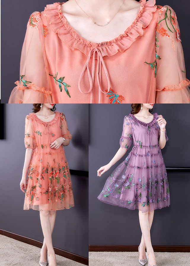 Pink Tulle Mid Dresses Ruffled Embroidered Short Sleeve