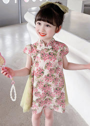 Pink Tulle Patchwork Button Kids Mid Dresses Short Sleeve