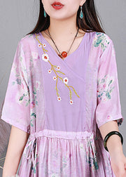 Pink V Neck  Embroidered Drawstring Tie Waist Silk Vacation Dresses Short Sleeve