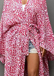 Pink V Neck Dot Tie Waist Cotton Maxi Beach Cardigans Long Sleeve
