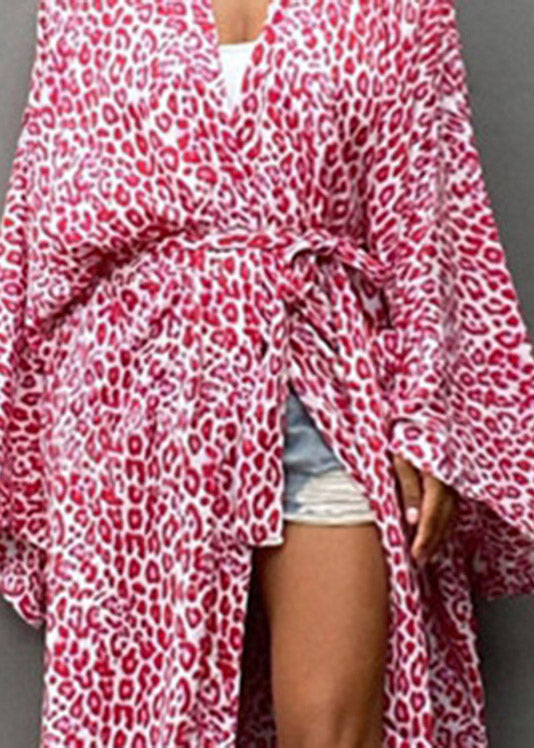 Pink V Neck Dot Tie Waist Cotton Maxi Beach Cardigans Long Sleeve