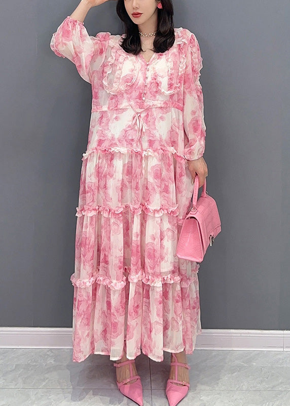 Pink V Neck Print Tie Waist Chiffon Long Dress Long Sleeve