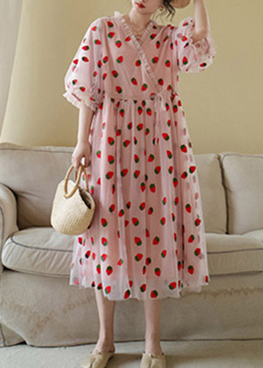 Pink V Neck Print Tulle Long Dress Short Sleeve