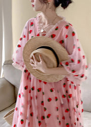 Pink V Neck Print Tulle Long Dress Short Sleeve