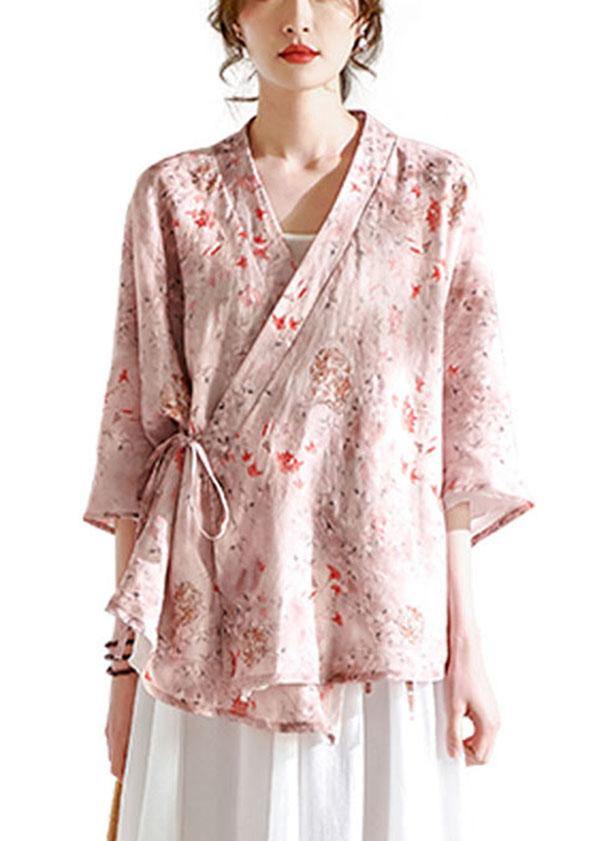 Pink V Necktie Waist Print Summer Ramie Blouses - SooLinen