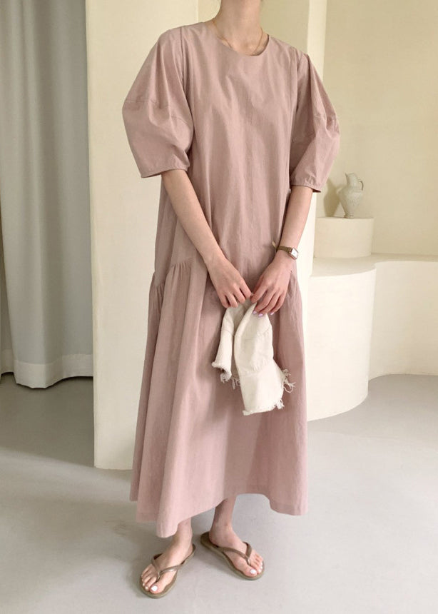 Pink Wrinkled Cozy Long Dresses Short Sleeve