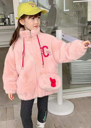 Pink Zip Up Pockets Patchwork Warm Fleece Girls Coats Stand Collar Long Sleeve