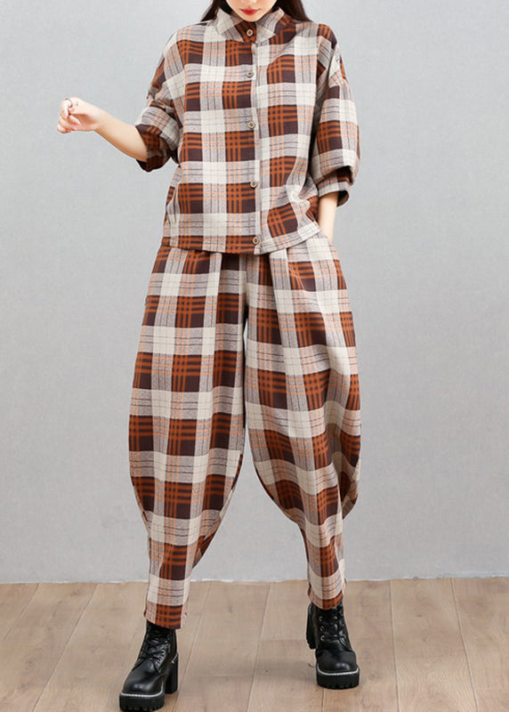 Plaid Button Top And Beam Pants Two Pieces Set Spring
