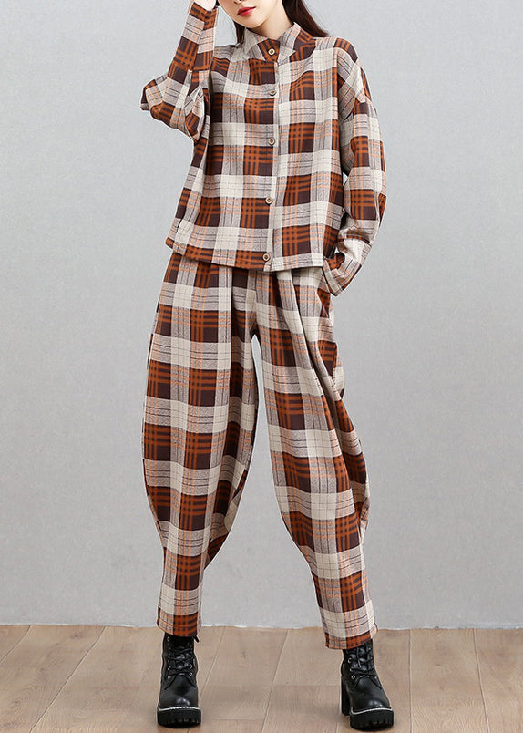 Plaid Button Top And Beam Pants Two Pieces Set Spring