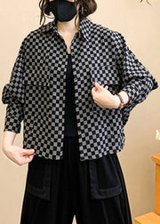 Plaid Print Patchwork Cotton Trench Peter Pan Collar Long Sleeve