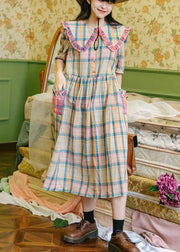 Plaid Ruffled Button Puff Sleeve Summer Cotton Dresses - SooLinen