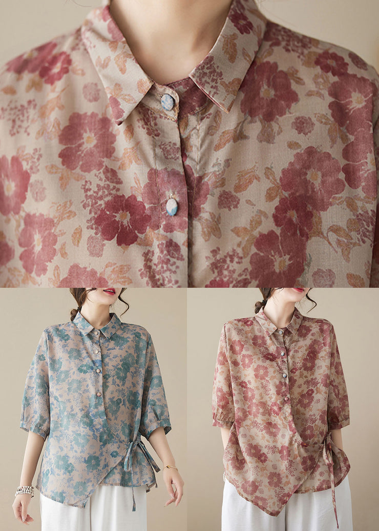 Plum Red Print Patchwork Cotton Top Button Lace Up Summer