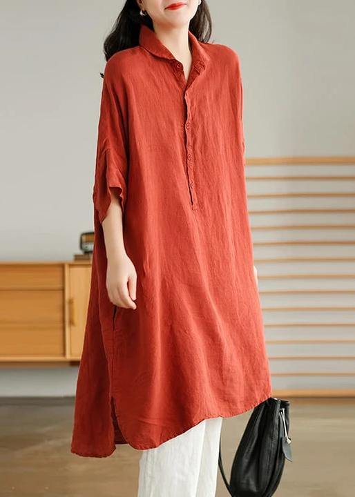 Plus Size - Red Linen Women Casual Pure Shirt - SooLinen