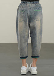 Plus Size  Blue Elastic Waist Hole Denim  Pants Summer - SooLinen