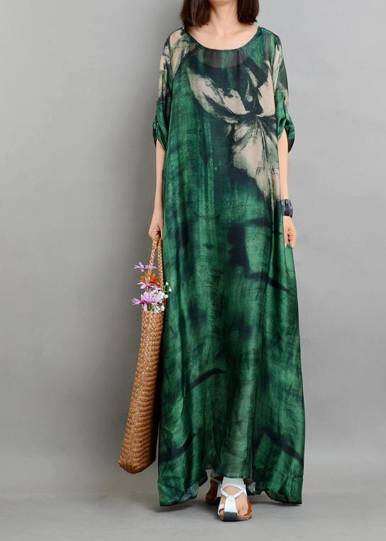 Plus Size  Green Print Chiffon Dress Summer Two Pieces Set - SooLinen