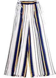 Plus Size  White Striped tie waist High Waist Wide Leg Pants - SooLinen