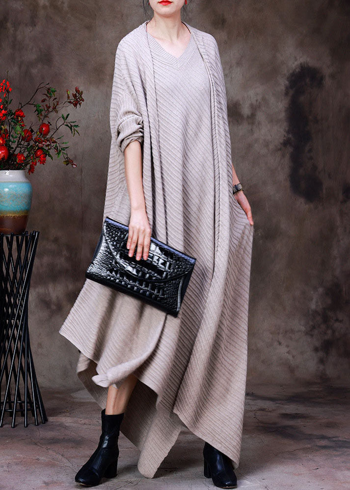 Plus Size Apricot Asymmetrical Design Knit Wool Cardigan Long Sleeve