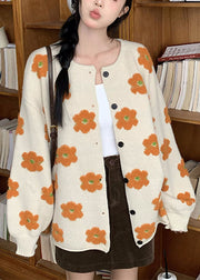 Plus Size Apricot Floral Cotton Knit Sweater Coats Long Sleeve