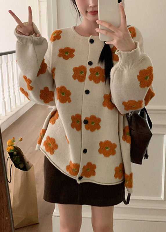 Plus Size Apricot Floral Cotton Knit Sweater Coats Long Sleeve