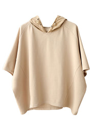 Plus Size Apricot Hooded Drawstring Cotton Sweatshirts Top Summer