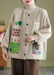 Plus Size Apricot O Neck Pockets Button Knit Cardigans Coat Fall