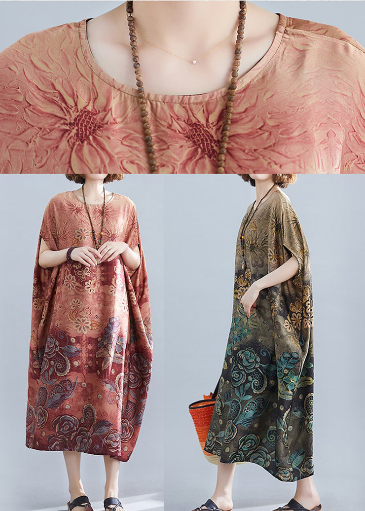 Plus Size Apricot O-Neck Print Silk Long Dress Batwing Sleeve