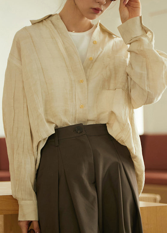 Plus Size Apricot Peter Pan Collar Wrinkled Button Shirts Long Sleeve