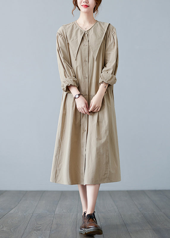 Plus Size Apricot Sailor Collar Button Wrinkled Long Dress Long sleeve