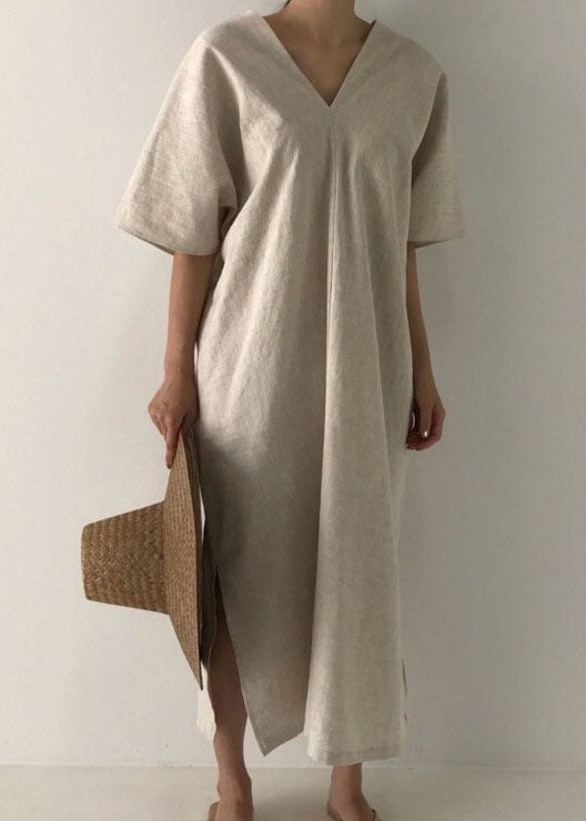 Plus Size Apricot side open Linen Dress Short Sleeve