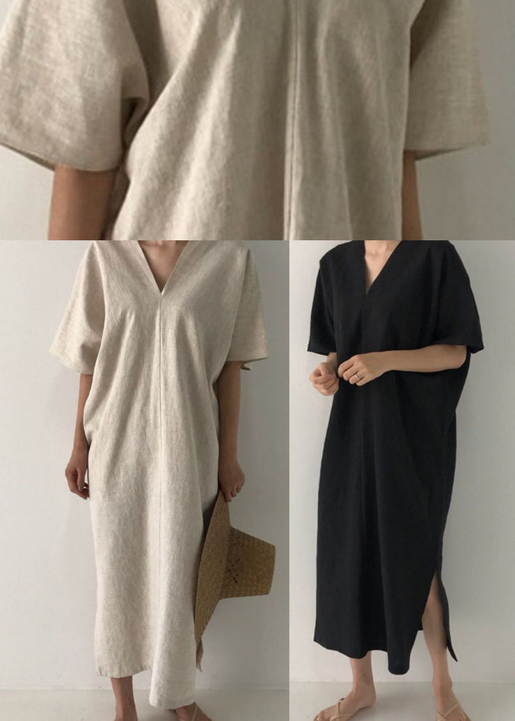 Plus Size Apricot side open Linen Dress Short Sleeve