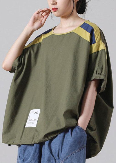 Plus Size Army Green Cotton Short Sleeve Summer Top - SooLinen