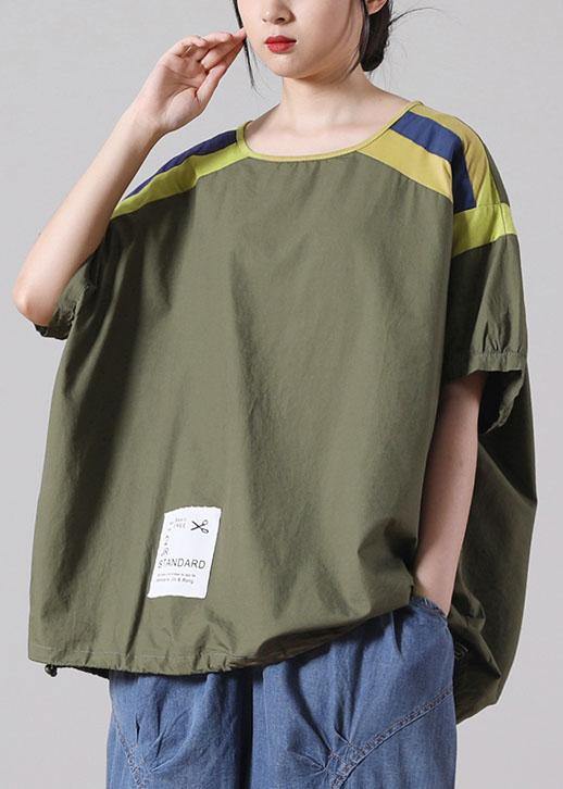 Plus Size Army Green Cotton Short Sleeve Summer Top - SooLinen